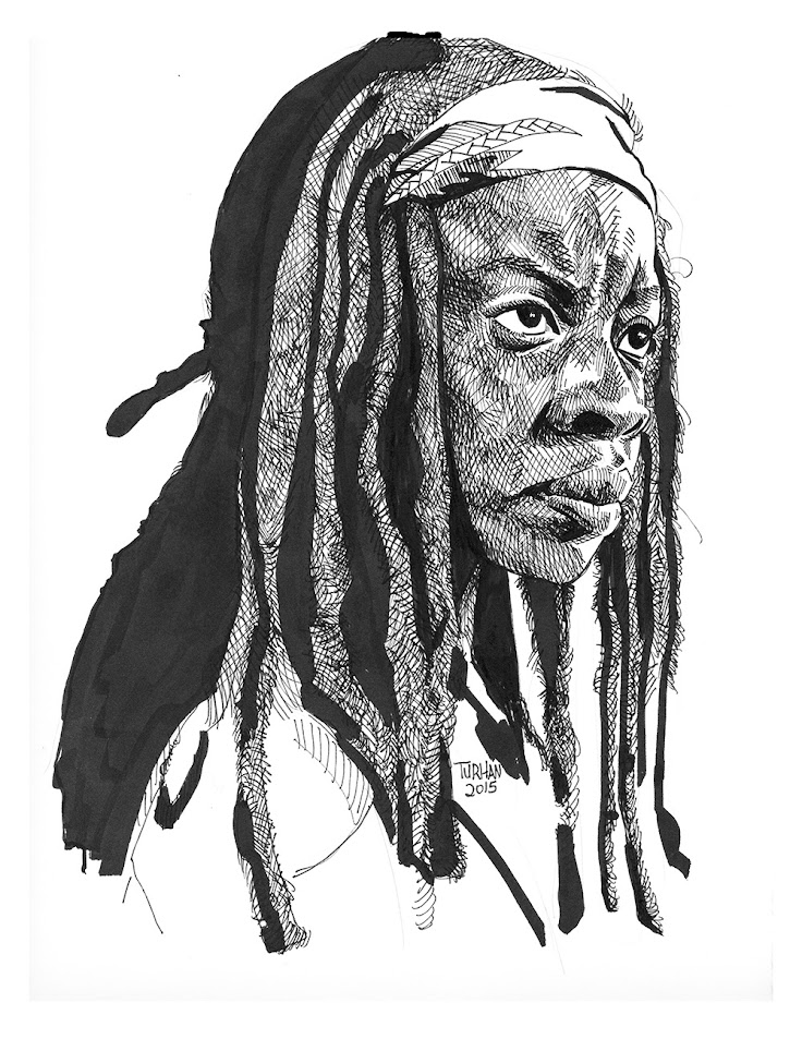 Ink portrait of Michonne from The Walking Dead